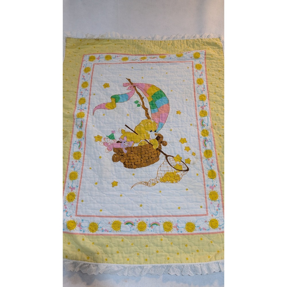 Vintage Care Bears Baby Blanket Funshine Bear Rainbow Quilted Eyelet Trim 1980s